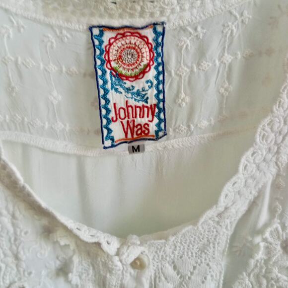 JOHNNY WAS White Embroidered Tunic Top SZ M Eyelet Short Sleeve Trapeze Dress - Picture 3 of 7
